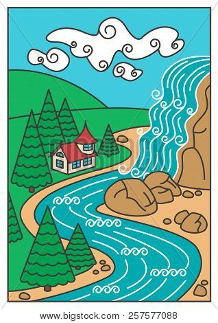 Nature Landscape - Waterfall, River, Mountains And The Beautiful House