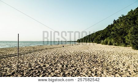 Sandy Beach Beach Of Baltic Sea In Morning, Poland. Tourism And Natrure Concept.