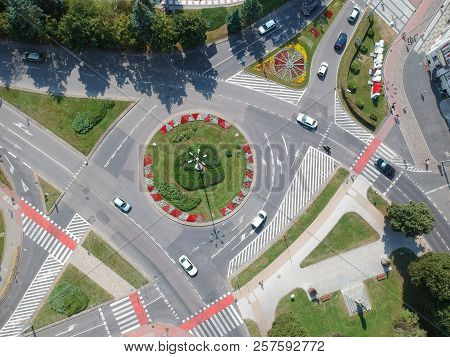 SLUPSK, POLAND - 16 AUGUST 2018 - Aerial view on Slupsk city center with roundabout with flower decoration