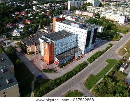 KOSZALIN, POLAND - 10 AUGUST 2018 - Aerial view on Politechnika Koszalin study building in city Koszalin, area of Kwiatkowskiego street