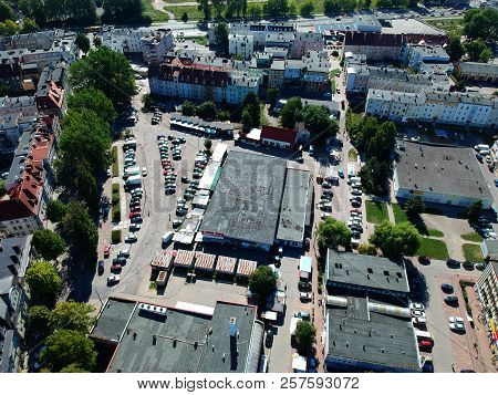KOSZALIN, POLAND - 03 AUGUST 2018 - Aerial view on city Koszalin, area of Manhattan parking in city center
