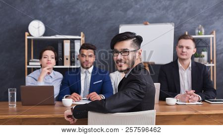 Happy Applicant Talking At Job Interview To Hr Comission At Job Interview, Copy Space