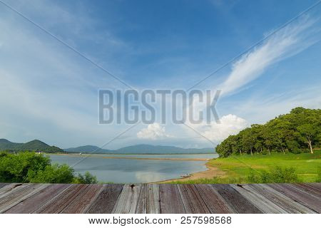 Landscape Of Nature Including Dam, Tree, Mountain And Blue Sky. Holiday And Travel Concept.