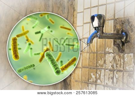 Safety Of Drinking Water Concept, 3d Illustration Showing Bacteria Contaminated Drinking Water