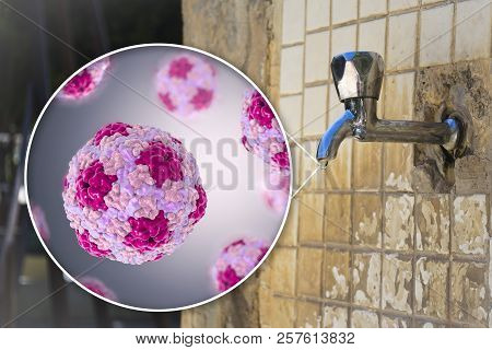 Safety Of Drinking Water Concept, 3d Illustration Showing Hepatitis A Viruses Contaminating Drinking