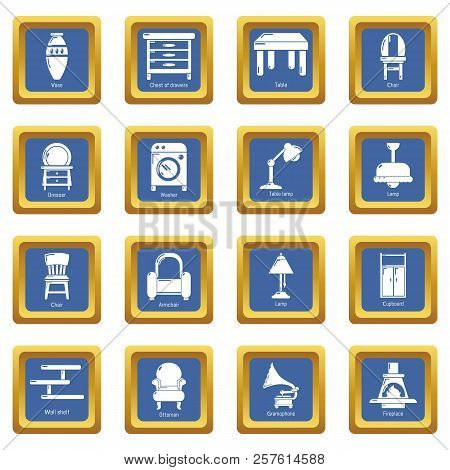 Interior Furniture Icons Set Blue Square Isolated On White Background