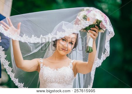 Closeup Shot Of Elegant, Brunette Bride Posing Under Veil Closeup. Bride Portrait Wedding Makeup Fas
