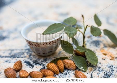 Close Up Of Oats Face Pack Or Avena Sativa Facial Mask I.e  Crushed Or Powdered Almonds Or Badam,mil