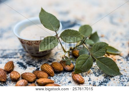 Close Up Of Oats Face Pack Or Avena Sativa Facial Mask I.e  Crushed Or Powdered Almonds Or Badam,mil