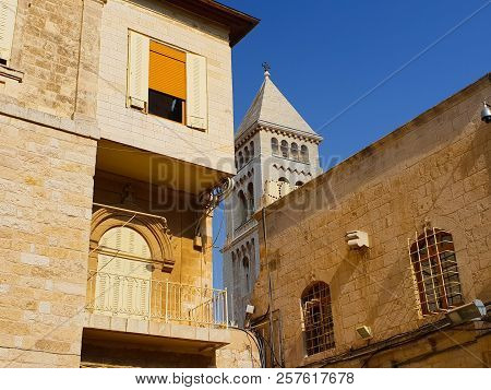 Belltower Close To The Holy Sepulchre In The Old Town Of Jerusalem, Israel