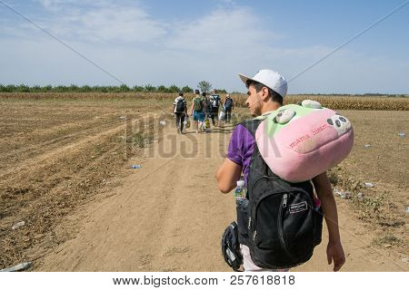 Tovarnik, Croatia - September 19, 2015: Refugees Walking Through The Fields Near The Croatia Serbia 