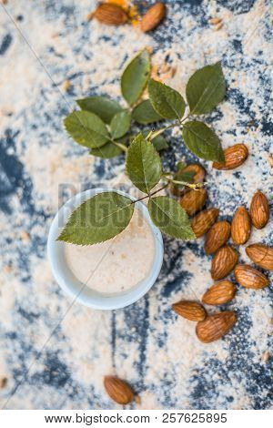 Close Up Of Oats Face Pack Or Avena Sativa Facial Mask I.e  Crushed Or Powdered Almonds Or Badam,mil