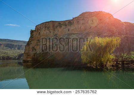 Euphrates River and Rumkale fortress close to Halfeti, Antep Turkey