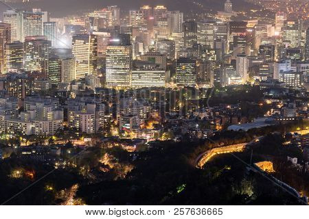 Aerial Sunset and Night view of Seoul Downtown cityscape with Seoul Tower in South Korea