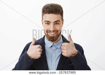 Energized Good-looking And Assured Successful Man With Beard And Blue Eyes In Stylish Formal Suit Sh