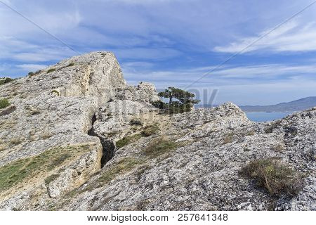 Deep Crack In The Rock. The Top Of Cape Alchak. Crimea, Beginning Of April.