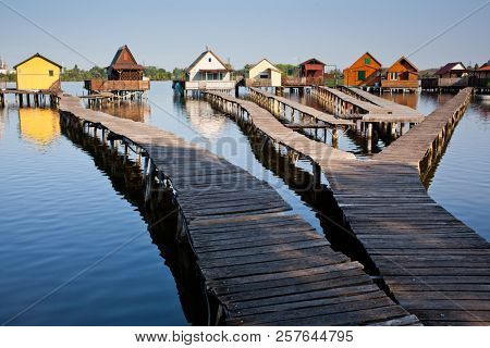 floating village on lake Bokod, Hungary
