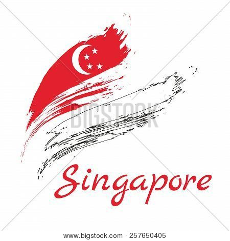 Grunge Brush Stroke With Singapore National Flag. Watercolor Painting Flag Of Singapore. Symbol, Pos