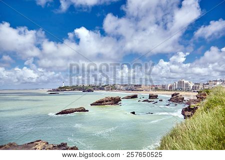 Biarritz City And Ocean Waves. Bay Of Biscay, Atlantic Coast, Basque Country, France. Summer Sunny D