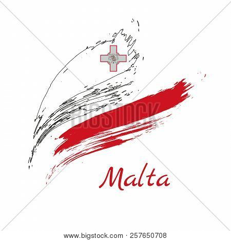 Grunge Brush Stroke With Malta National Flag. Watercolor Painting Flag,poster, Banner Of The Nationa