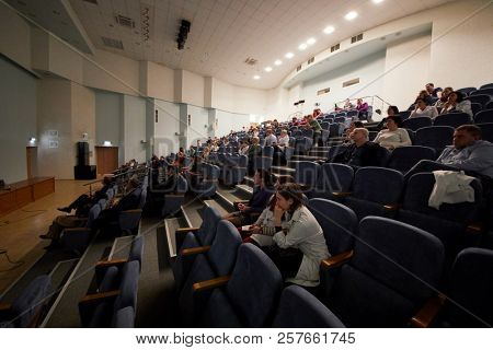 MOSCOW, RUSSIA - FEB 2, 2018: Auditorium in Russian Children Clinical Hospital with participants of Surgical Treatment of Epilepsy conference. 