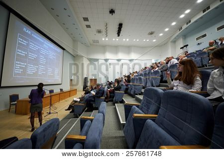 MOSCOW, RUSSIA - FEB 2, 2018: Auditorium with participants of Surgical Treatment of Epilepsy conference in Russian Children Clinical Hospital.