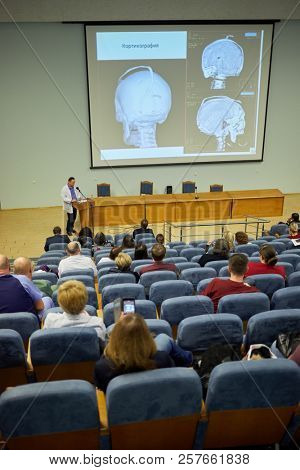 MOSCOW, RUSSIA - FEB 2, 2018: People in auditorium listen to speaker during Surgical Treatment of Epilepsy conference in Russian Children Clinical Hospital.