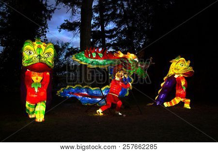 MONTREAL,CANADA- SEPT 8 2018: Botanical garden exhibit in Mtl Glittering lanterns of various shapes illuminate the Chinese Garden and the eyes of thousands of visitors who come to enjoy the spectacle