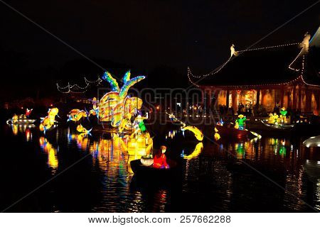 MONTREAL,CANADA- SEPT 8 2018: Botanical garden exhibit in Mtl Glittering lanterns of various shapes illuminate the Chinese Garden and the eyes of thousands of visitors who come to enjoy the spectacle