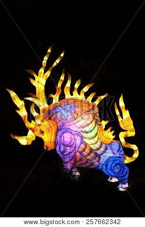 MONTREAL,CANADA- SEPT 8 2018: Botanical garden exhibit in Mtl Glittering lanterns of various shapes illuminate the Chinese Garden and the eyes of thousands of visitors who come to enjoy the spectacle