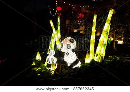 MONTREAL,CANADA- SEPT 8 2018: Botanical garden exhibit in Mtl Glittering lanterns of various shapes illuminate the Chinese Garden and the eyes of thousands of visitors who come to enjoy the spectacle