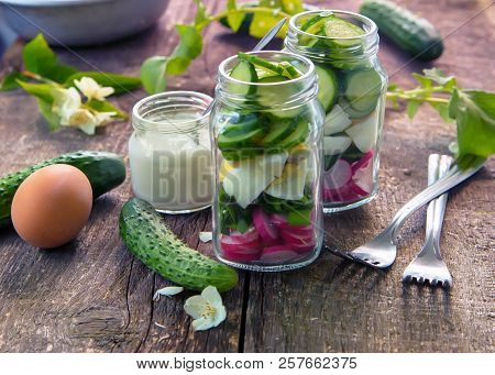 Dietary Salad With Chicken Eggs, Radishes, Green Onions, Cucumbers And Yogurt, Salad With Fresh Vege