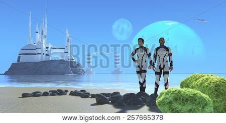 Blue Planet 3d Illustration - Two Men In Military Uniform Visiting From Earth Check Out A Shoreline 