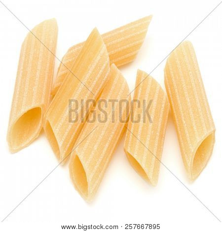 Italian pasta isolated on white background. Pennoni. Penne rigate.