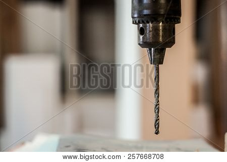 Close Up On A Professional Grade Wood Drill Bit Used In A Old Retro Carpentry Workshop