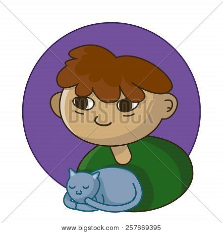 Caucasian Happy Boy Holding A Cat. Portrait