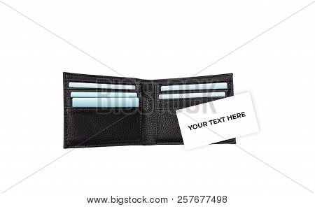 Empty White Card On Black Leather Waller, Isolated On White Background With Clipping Path
