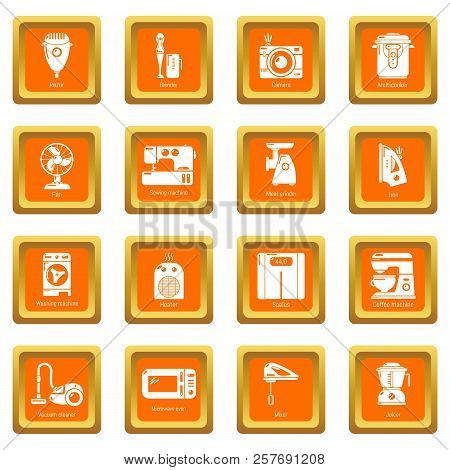 Domestic Appliances Icons Set Orange Square Isolated On White Background