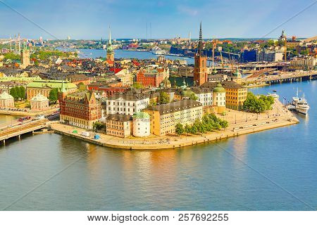 Gamla Stan, The Old Part Of Stockholm In A Sunny Summer Day, Sweden. Aerial View From Stockholm City