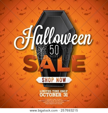 halloween sale vector illustration with black coffin and cobweb on orange spider texture background