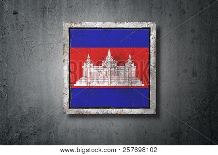 Cambodia Flag In Concrete Wall
