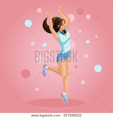 Isometrics Girl Listens To Music, Jumps, Teenager, Generation Z, Bright Background Summer Clothes. I