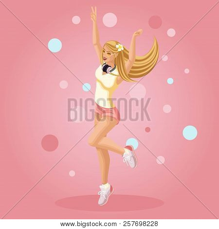 Isometrics Girl Rejoices, Jumps, Teenager, Generation Z, Bright Background Summer Clothes. Isometric