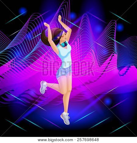 The Isometric Girl Is A Dj On The Background Of Musical Waves, The Girl Is Dancing, The Hair Is Deve