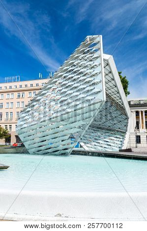 Poznan, Poland - August 19, 2018: Water Fountain Of Freedom At Plac Wolnosci Square.