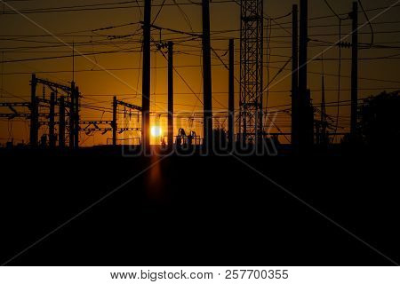 Railway Pointwork, Railway Tracks On The Station At Summer Sunset. Transportation