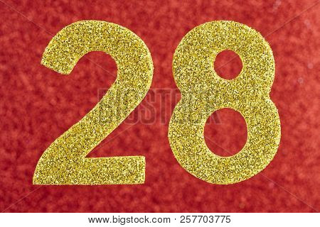 Number Twenty-eight Golden Color Over A Red Background. Anniversary. Horizontal