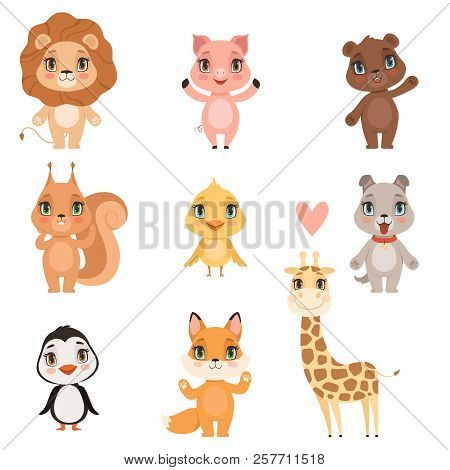 Animal Baby Cartoon. Domestic Pig Dog And Wild Lion Bear Squirrel And Giraffe Funny Cute Animals Kid
