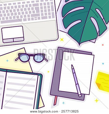 Flat Lay With Glasses, Laptop, Open Book, Notepad And Monstera