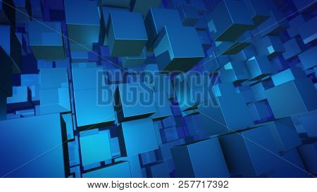 Flying 3D Design Cubes In A Horizontal Shot